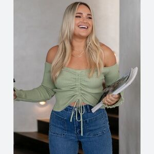 Petal & Pup Soho Off Shoulder Knit Top - Sage. Size Medium.